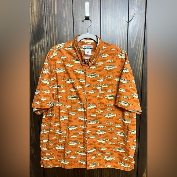 COLUMBIA SPORTSWEAR ORANGE FISH PRINT ALL OVER DEEP SEA FISHING SHIRT MENS XL - Picture 3 of 10